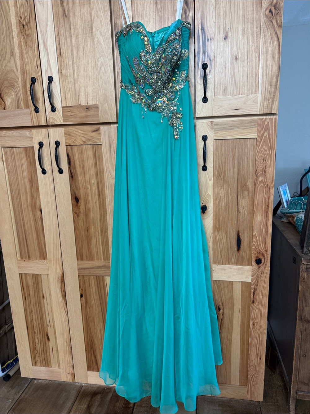 JVN by Jovani Teal Evening Gown with Gold Beaded Applique